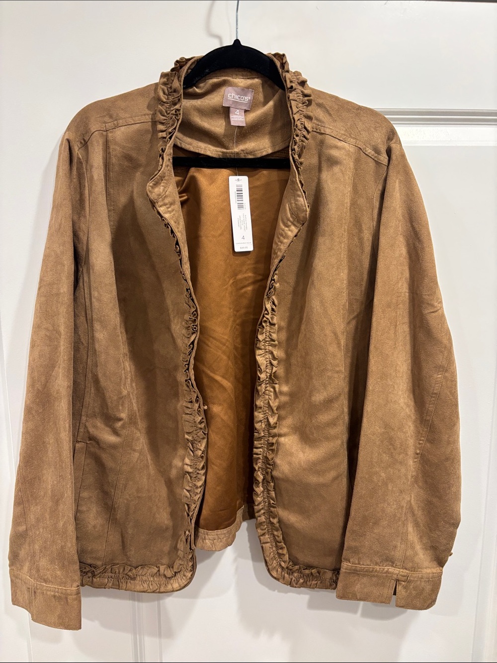 Chico's Tan Suede Ruffle-Trim Open Jacket